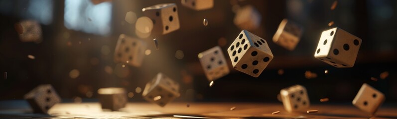 Dices falling from the sky on a laptop keyboard. Banner