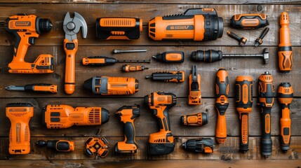Professional power tool layout for construction and diy home improvement projects