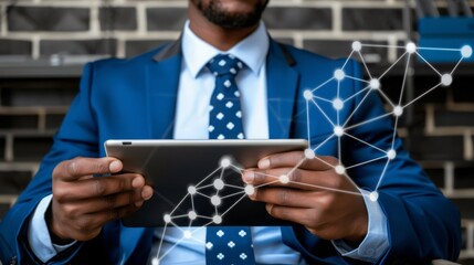 Focused businessman examining virtual blockchain network on tablet with floating data fields. Close-up shot of hands and digital technology. - obrazy, fototapety, plakaty