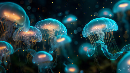3D render of glowing jellyfish, glowing orbs and bioluminescent creatures in the dark ocean, glowing jelly fish in an alien world-Enhanced-SR