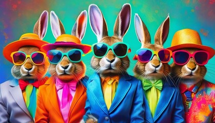 Bunny Bash: Vibrant Rabbit Crew in Fashionable Outfits for Party Invites