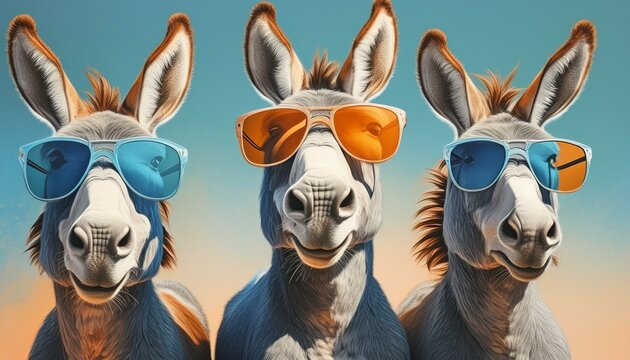 Mule Crew: Stylish Donkey Friends in Sunglasses for Editorial Advertisement"