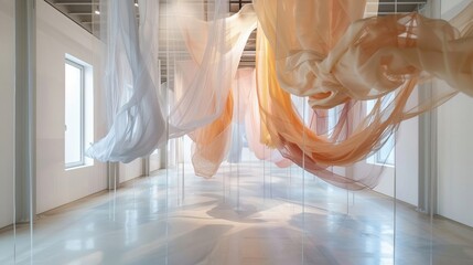 Airy art installation featuring delicate floating fabrics in subtle colors creating a graceful and meditative atmosphere