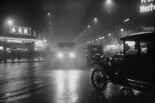 A black and white photo that looks like it was taken on a European street at night in the 1920s.