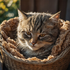 A sleepy kitten curled up in a cozy basket, Generative Ai