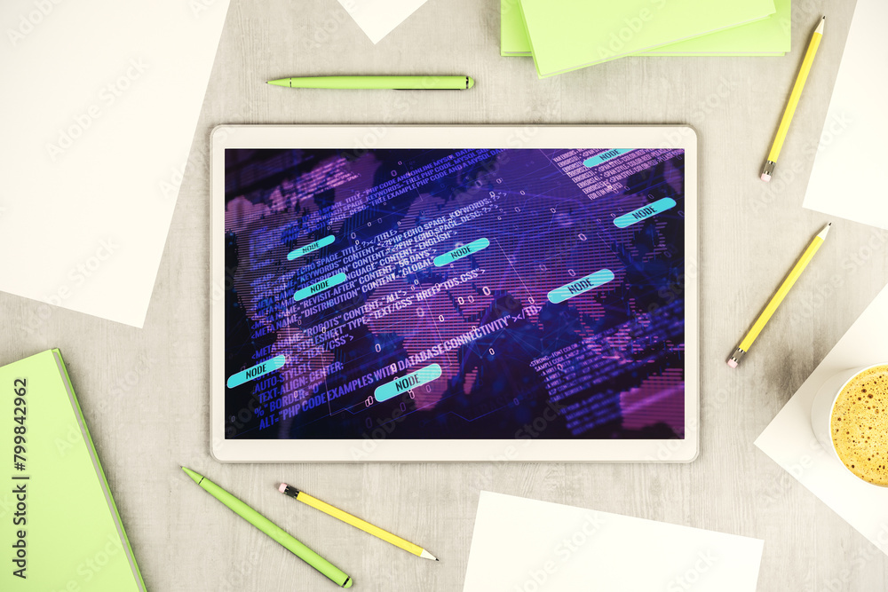Leinwandbilder top view of modern digital tablet display with abstract software development hologram and world map,