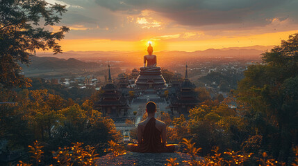 Sunset behind a Buddha statue in a serene temple setting