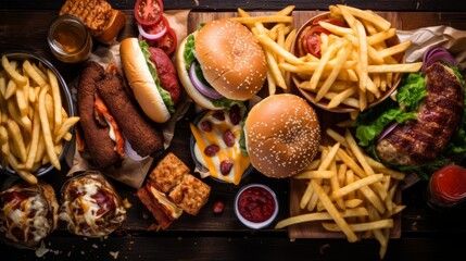 Overhead shot of a variety of fast food items on a rustic wooden table, vibrant colors and textures,