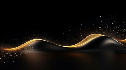 Abstract wave of sparkling gold particles with light effects on a black background for futuristic designs,