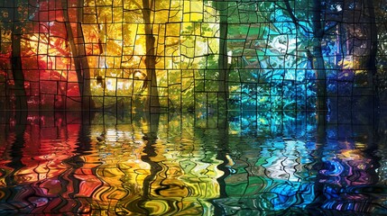colorful Stained Glass tree with water reflection