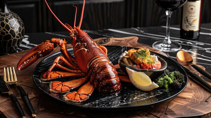 Lobster on a black plate with a glass of red wine and utensils. Luxurious restaurant dish.