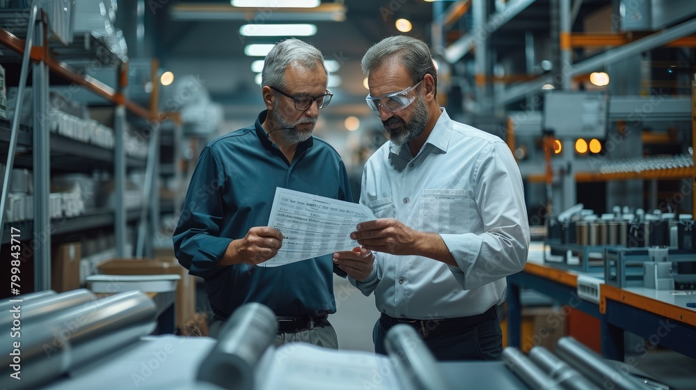 Aufkleber two men in a factory looking at a paper report which has of stock market ticker in factory. generati