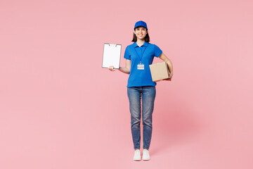 Full body delivery employee woman wear blue cap t-shirt uniform work dealer courier hold clipboard...