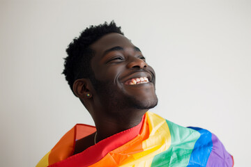 The radiant smile of American man adorned in a rainbow flag, radiating positivity and acceptance, captured against a pristine white background