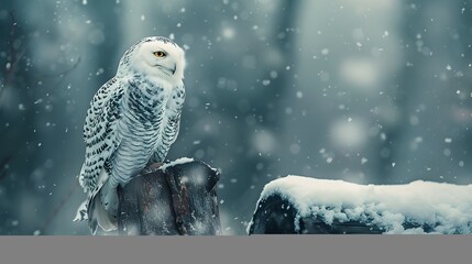 Snowy owl perched silently in a snowstorm, haunting 4K wallpaper