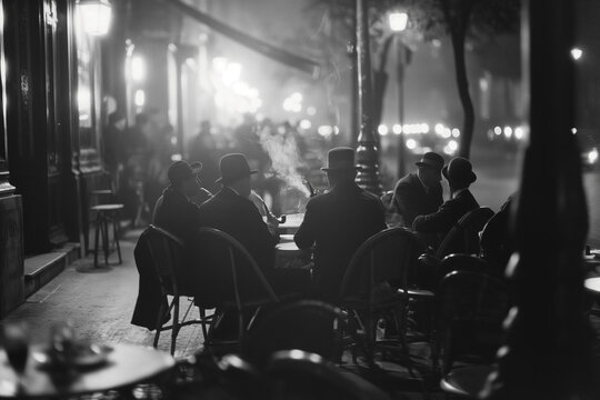 A black and white photo that looks like it was taken of people having a conversation in a cafe in Paris in the 1920s.