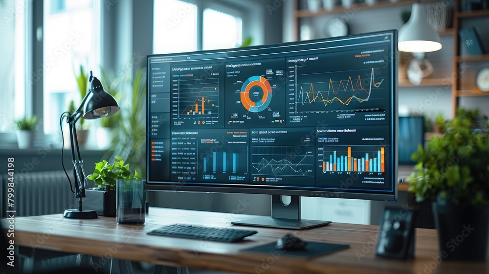 Poster Depicting an advanced lead scoring software dashboard on a large screen in a busy marketing agency. The creative workspace in the background. Generative AI.
