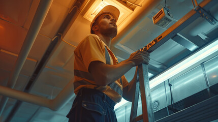 Worker on a ladder is installing a fire alarm in the ceiling. Generative AI.