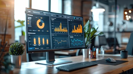 Depicting an advanced lead scoring software dashboard on a large screen in a busy marketing agency. The creative workspace in the background. Generative AI.