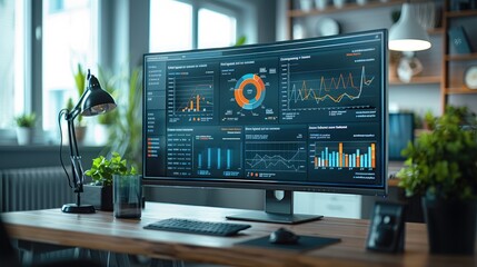 Depicting an advanced lead scoring software dashboard on a large screen in a busy marketing agency. The creative workspace in the background. Generative AI.