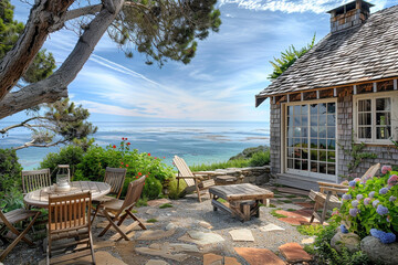 A charming coastal cottage with weathered shingles and panoramic views of the ocean.