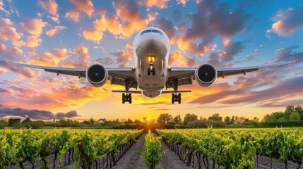 Passenger airplane soaring high in the sunset sky with a view of a vast vineyard below