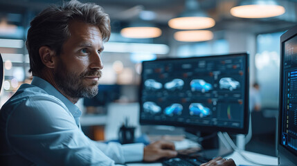 Employee male sitting at computer real-time motor vehicle monitoring software on a computer screen in an office. Generative AI.