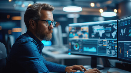 Fototapeta premium Employee male sitting at computer real-time motor vehicle monitoring software on a computer screen in an office. Generative AI.