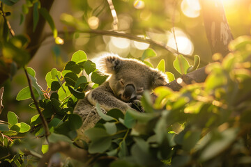 Fototapeta premium heartwarming photo capturing a baby koala peacefully napping on a eucalyptus tree, surrounded by lush foliage and in soft sunlight against a clean background,
