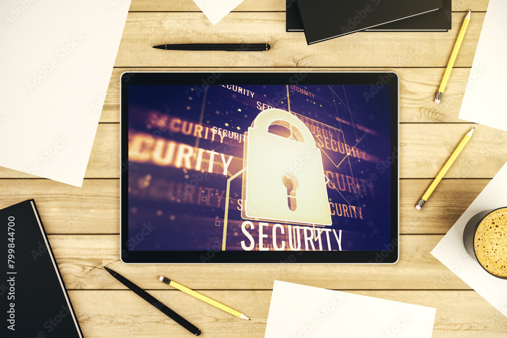 Aufkleber creative lock sketch with chip hologram on modern digital tablet screen, protection of personal data