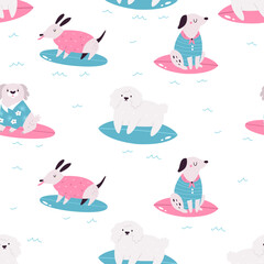 Colorful seamless pattern with funny surfing dogs. Cute design with pet characters