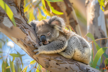 The epitome of cuteness as a baby koala enjoys a nap amidst the branches of a eucalyptus tree, with its fluffy fur and relaxed posture adding charm to the serene scene against a cl