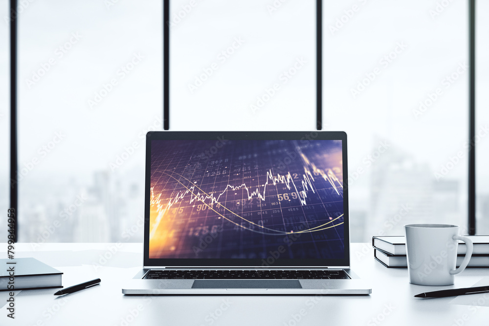 Fototapete modern computer screen with abstract creative financial chart, research and analytics concept. 3d re