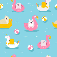 Colorful seamless pattern with funny dogs swimming with inflatable unicorn, flamingo and duck. Cute design with pet characters