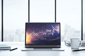 Modern computer screen with abstract creative financial chart, research and analytics concept. 3D...