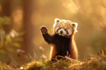 delightful photo capturing the playful antics of a baby red panda as it explores its environment, its vibrant energy contrasting beautifully with the simplicity of the background, - obrazy, fototapety, plakaty