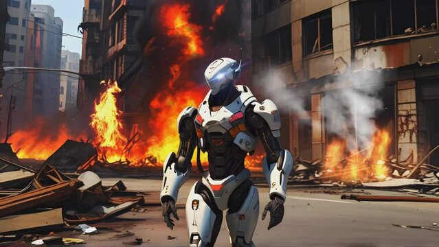 Cyber robots in the middle of a city that has been destroyed by fire