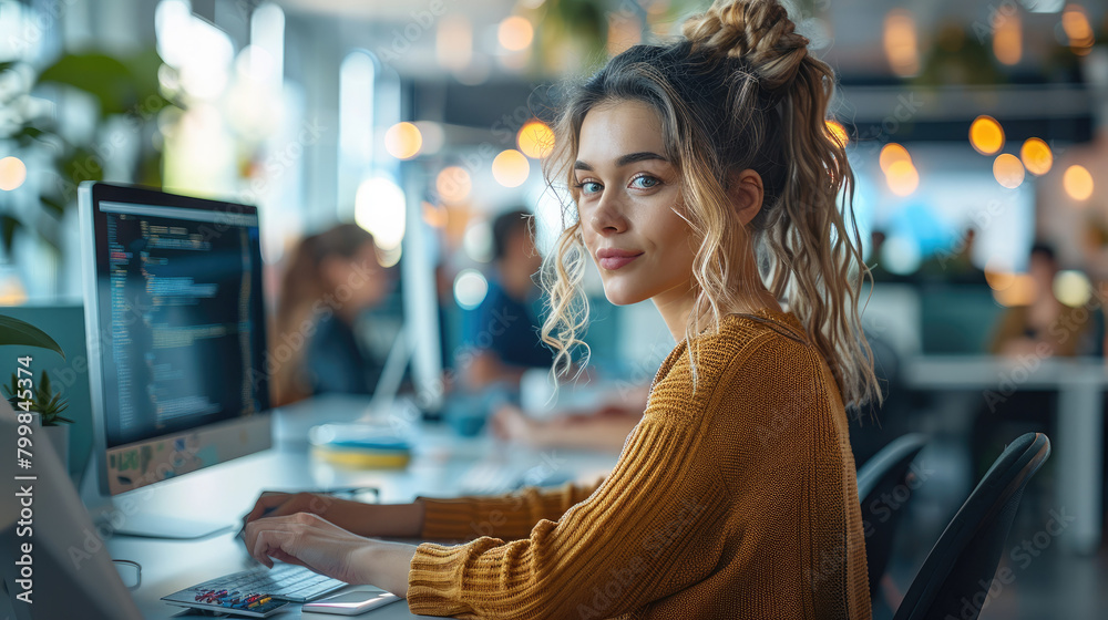 Fototapete Developer women at their computer in a modern open office working space. Generative AI.
