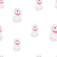 Funny seamless pattern with cool fluffy dogs with pink kerchiefs. Cute design with pet characters