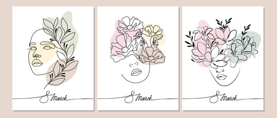 Set of posters for International Women's Day, portraits of women with flowers. Line art, black outline with pastel colors. Wall art, postcards