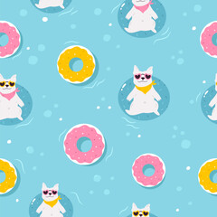 Colorful seamless pattern with funny dogs swimming with inflatable ring. Cute design with pet characters