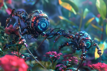 Capture the cybernetic gardeners working on otherworldly plants from a dynamic top-down perspective Highlight the intricate metal limbs against the vibrant hues of the surreal flor - obrazy, fototapety, plakaty