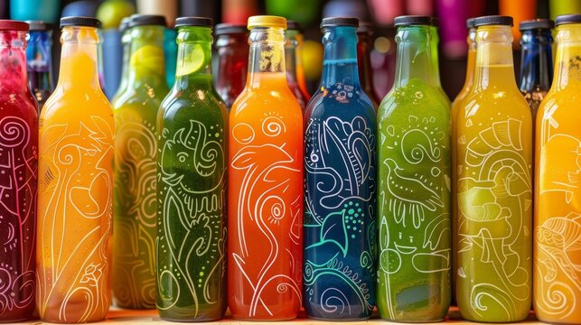 A row of coldpressed juice bottles in vibrant colors adorned with handdrawn labels.