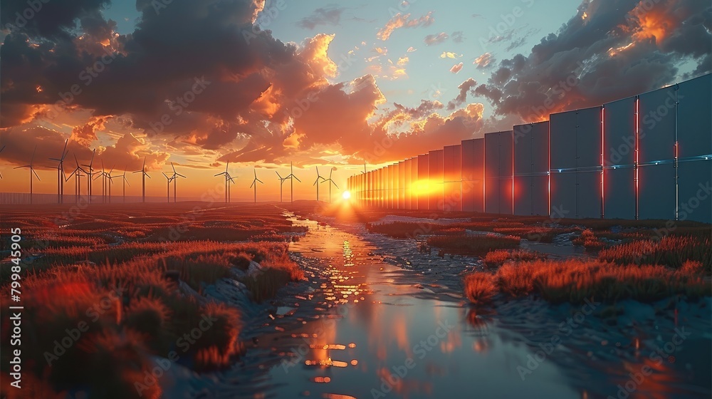 Poster sunset with modern battery energy storage system and background of wind turbines and solar panel pow