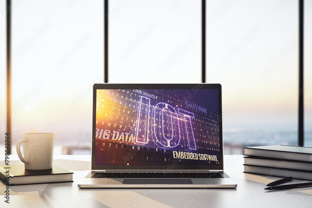 Poster creative iot concept on modern laptop screen. 3d rendering