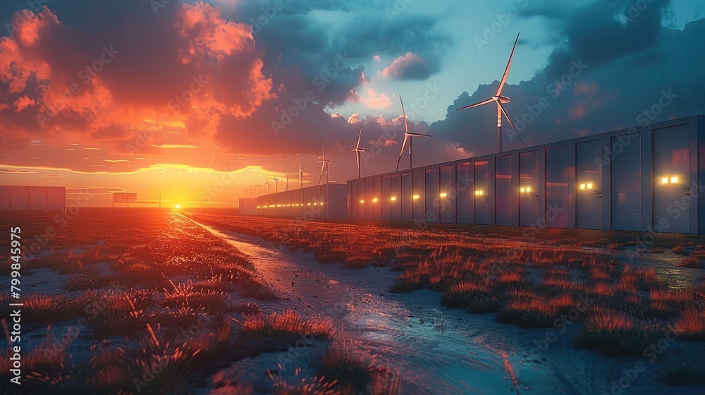 Poster sunset with modern battery energy storage system and background of wind turbines and solar panel pow