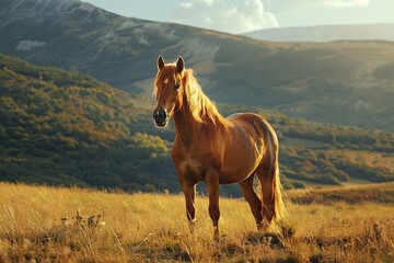 Obraz premium Horses in the evening field. Generative AI