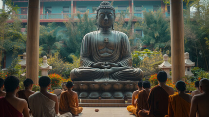 Stunning Grand Buddha Statue with Monks Meditating in Foreground at a Spiritual Retreat
