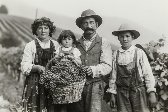 A 1920s-style black and white photo that looks like it was taken of a farming family posing in a European vineyard.