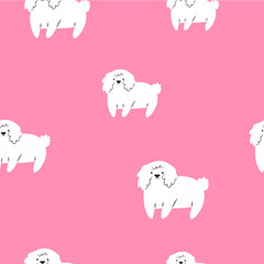 Funny seamless pattern with cute Maltese dogs on pink background. Cute design with pet characters